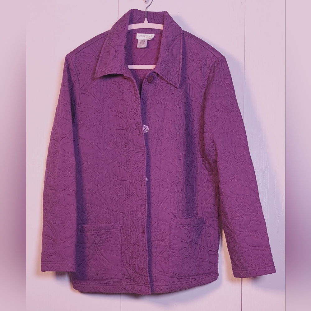 Coldwater Creek Purple Quilted Jacket Size Medium Embroidered Button Front Coat